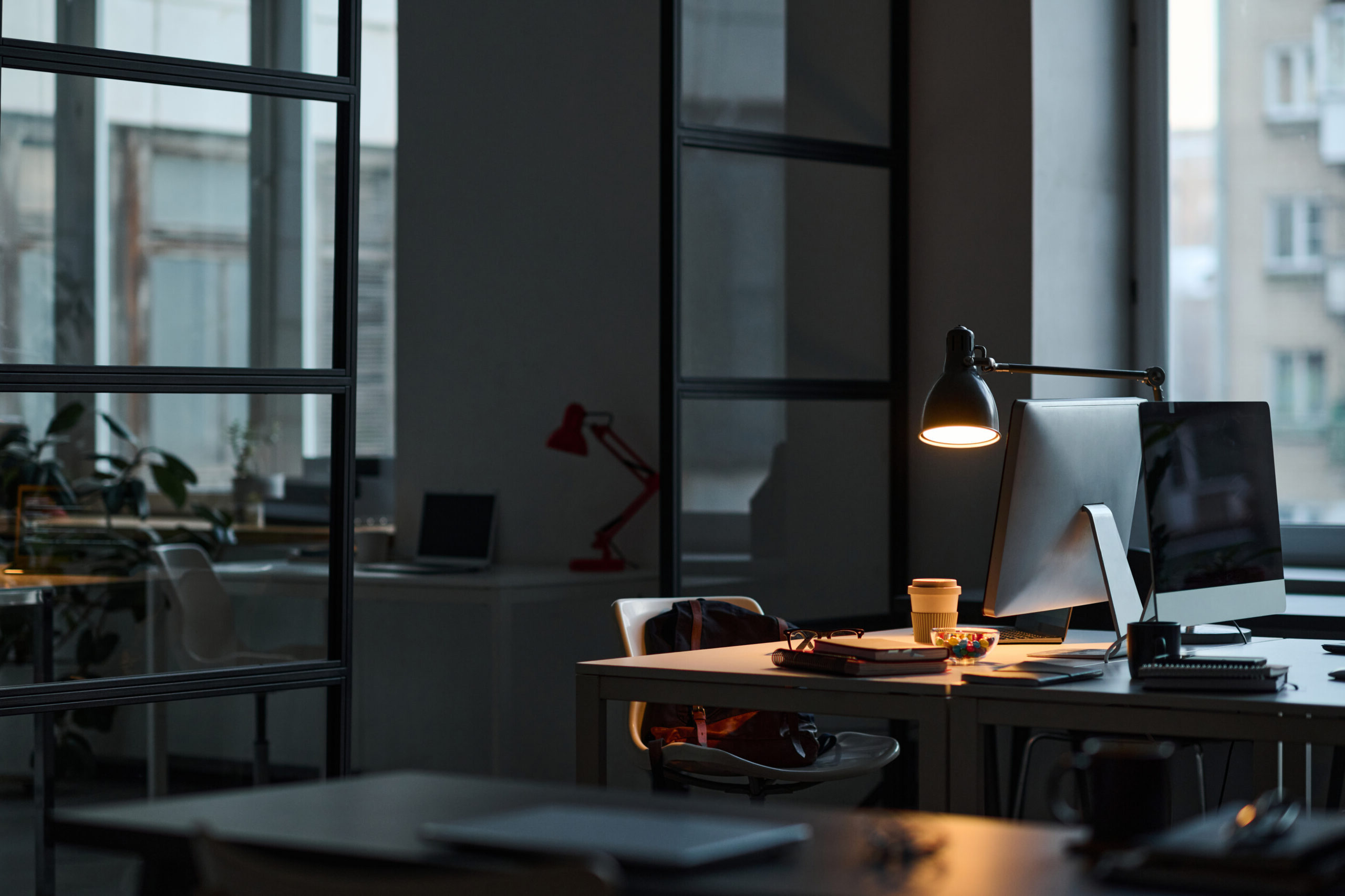 Workplace of developer in&nbsp;dark office